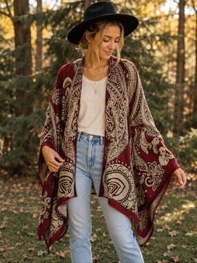 Burgundy and Cream Paisley Knit Poncho  | Super Soft Cashmere Blend  | Fall Boho